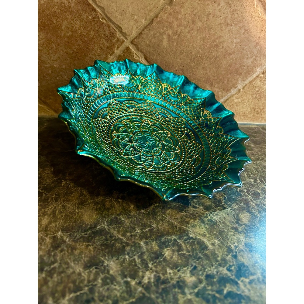 EFE Teal Gold Scalloped Turkish Hand Made Glass Bowl - Genuine Silver Bottom